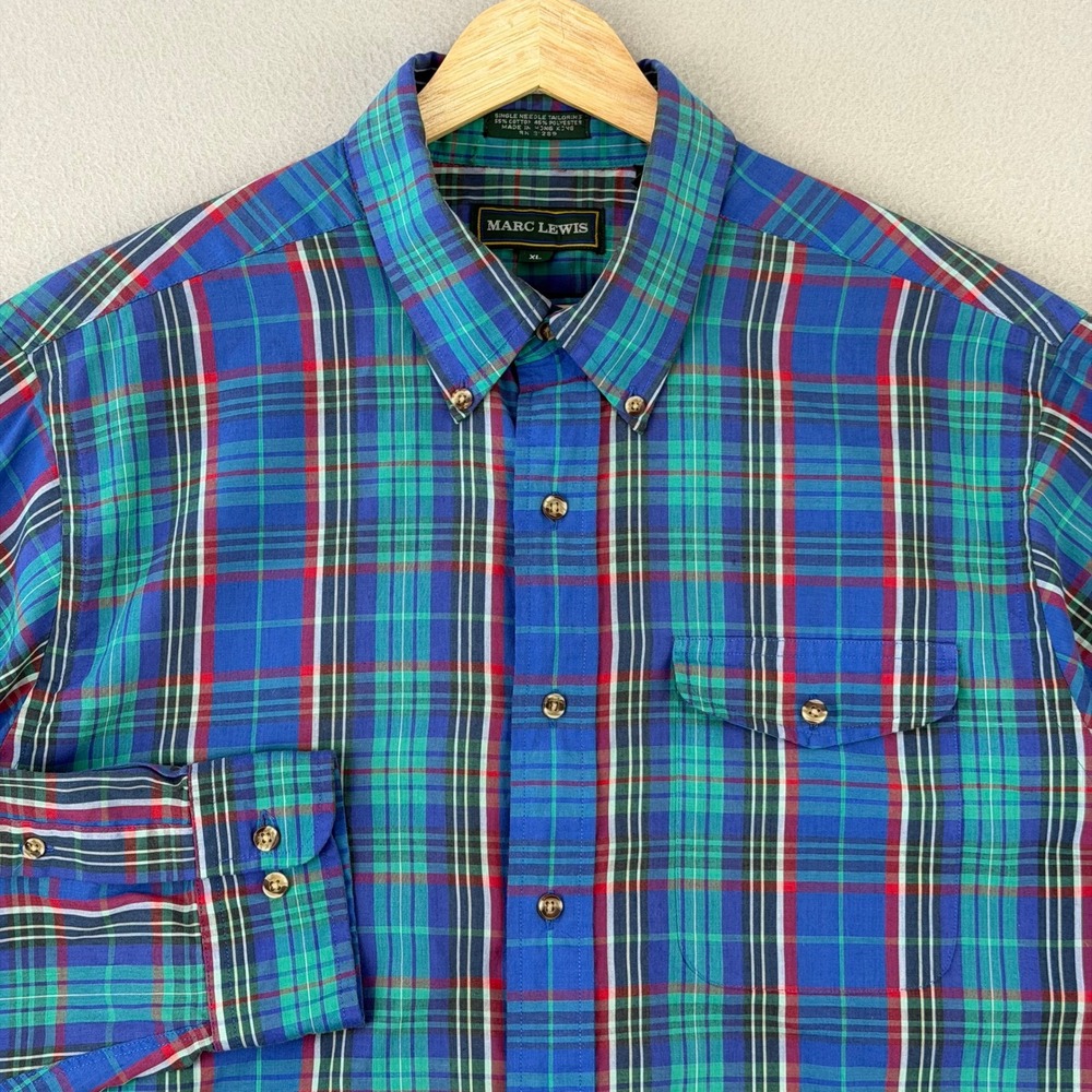 Vintage Marc Lewis Shirt Mens XL Blue/Teal Plaid Long Sleeve Button‎ Down Preppy